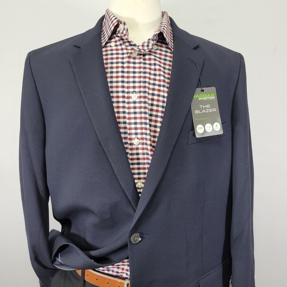 Haggar Men's Sport Coat Blazer Two Button Navy Polyester IN MOTION 48R NEW - Picture 6 of 12
